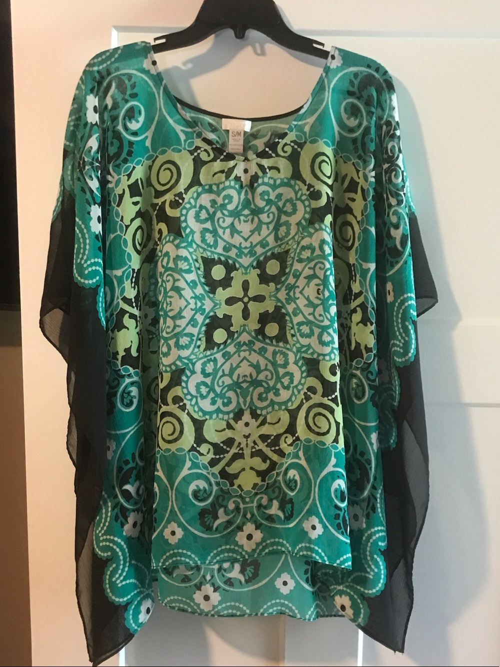 Womens Teal and Green Printed Chiffon Overlay Top